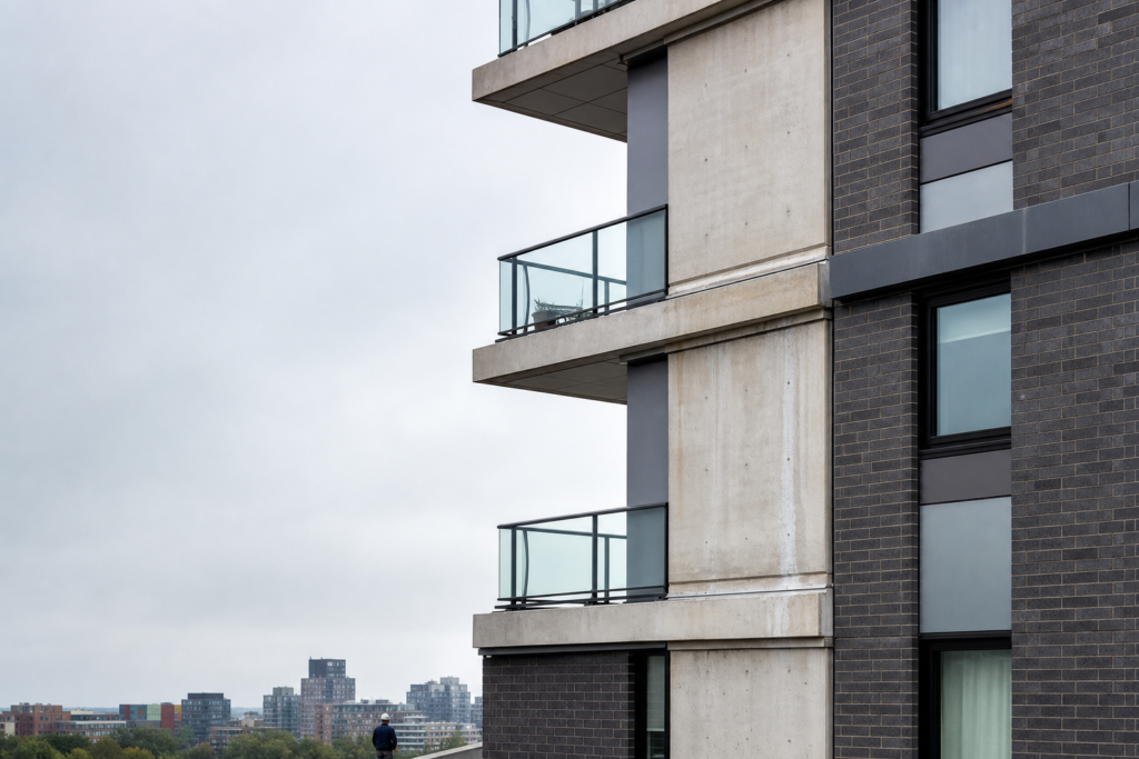 Détail de façade contemporaine observé dans le cadre d’une inspection